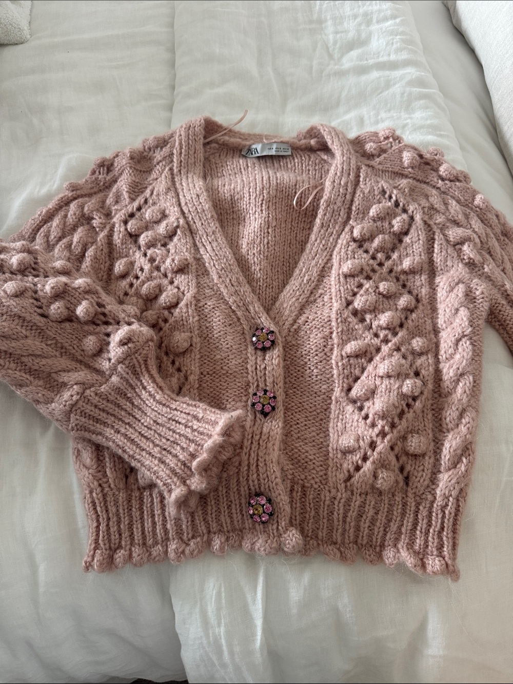 ZARA Dusty Pink Chunky Cable Knit Cardigan with Floral Buttons